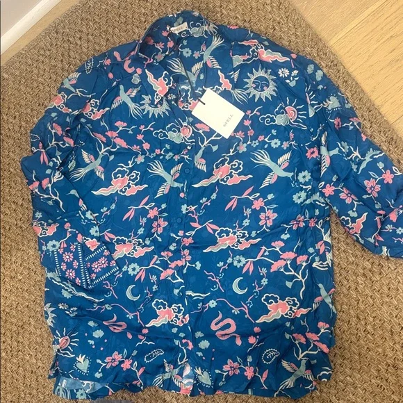 Spell NWT Desert BanditaCobalt Blue and Pink Floral Woven Button Down Shirt